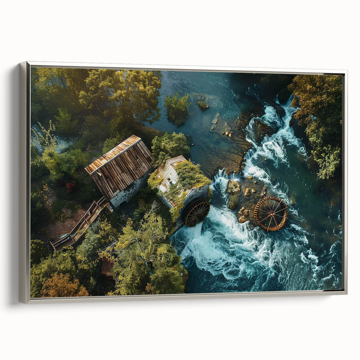 Framed canvas wall art collection showcasing serene landscapes and watermills, featuring a silver frame and elegant side view, perfect for home decor.
