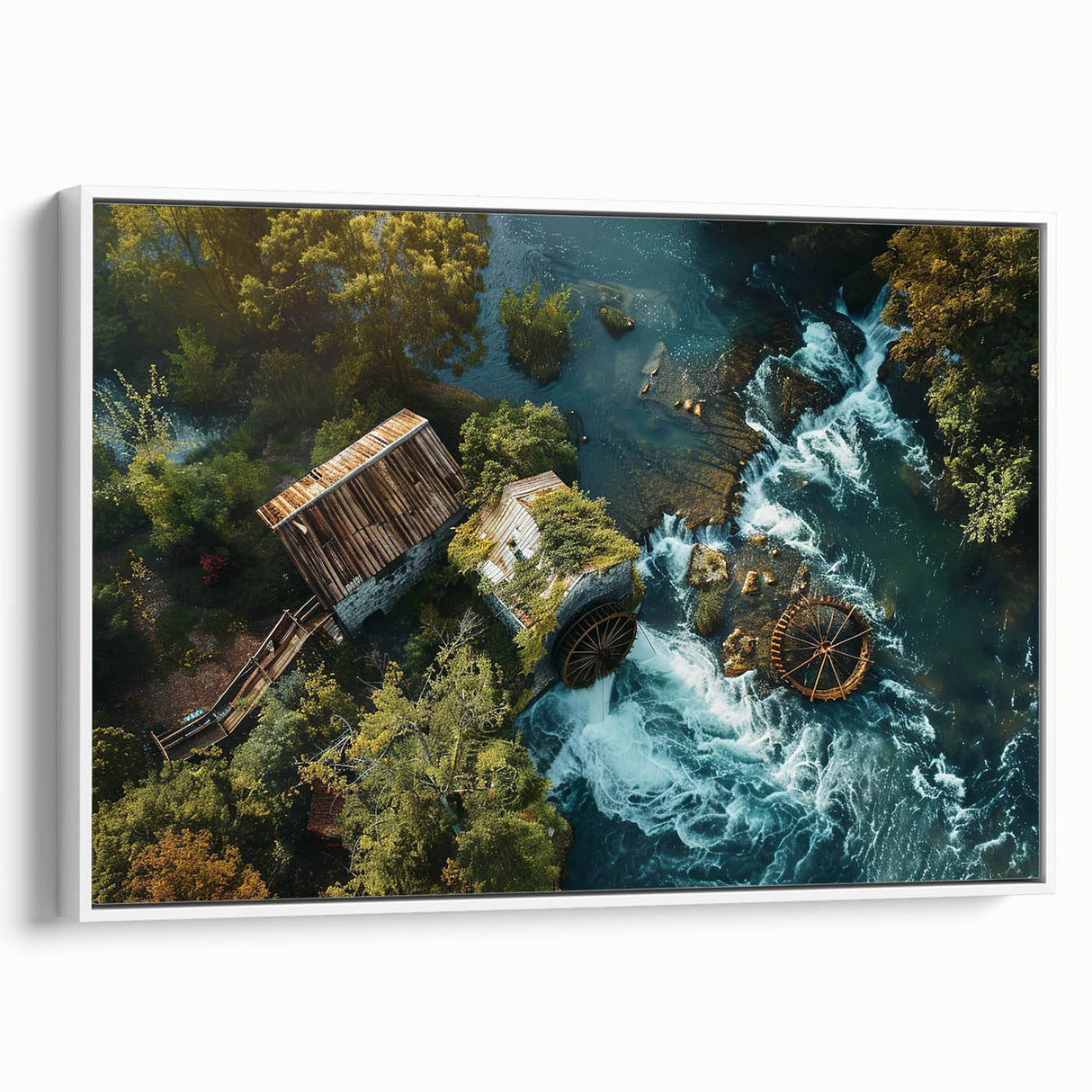 Framed canvas wall art featuring a serene landscape with a watermill, presented in a sleek white frame, perfect for enhancing home decor.