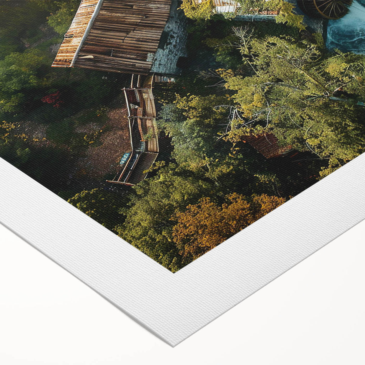 Rolled canvas print showcasing a serene landscape of watermills surrounded by lush greenery, perfect for home decor or office ambiance. Ideal for nature lovers.