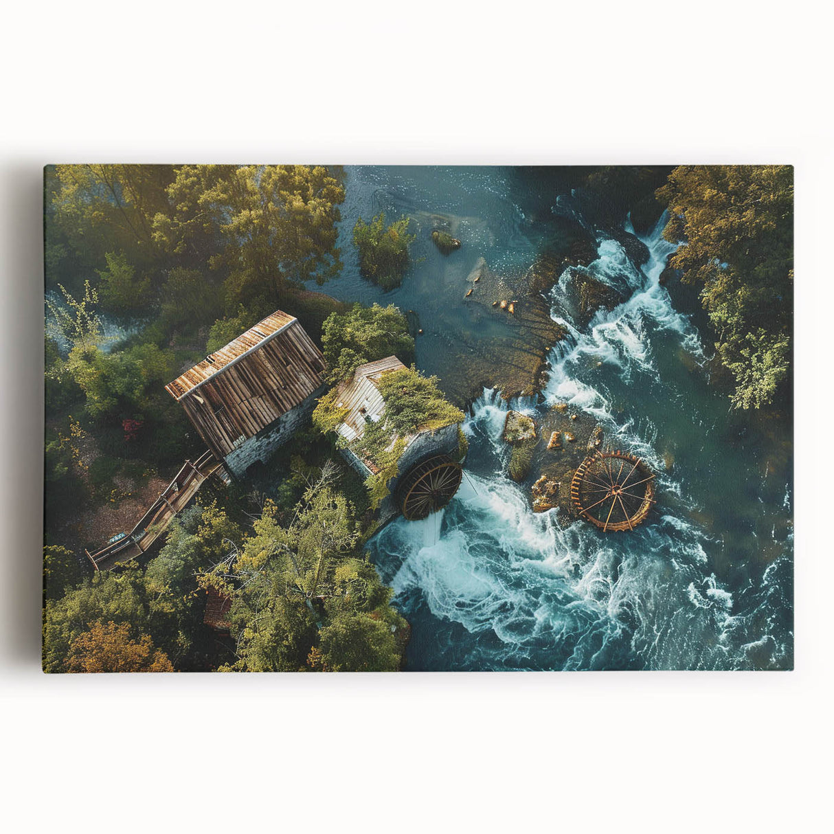 Stretched canvas wall art featuring a serene landscape of watermills surrounded by lush greenery, perfect for adding a calming touch to any room’s decor.