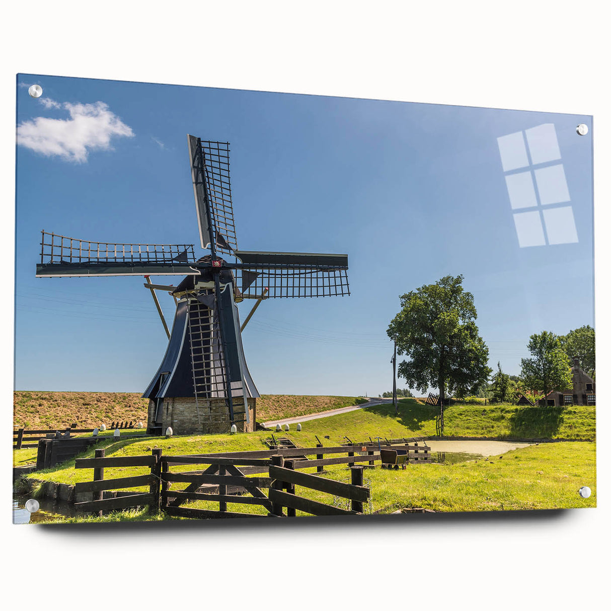Acrylic glass wall art featuring a vibrant landscape of windmills, showcasing intricate details and colorful hues, designed for contemporary home decor.