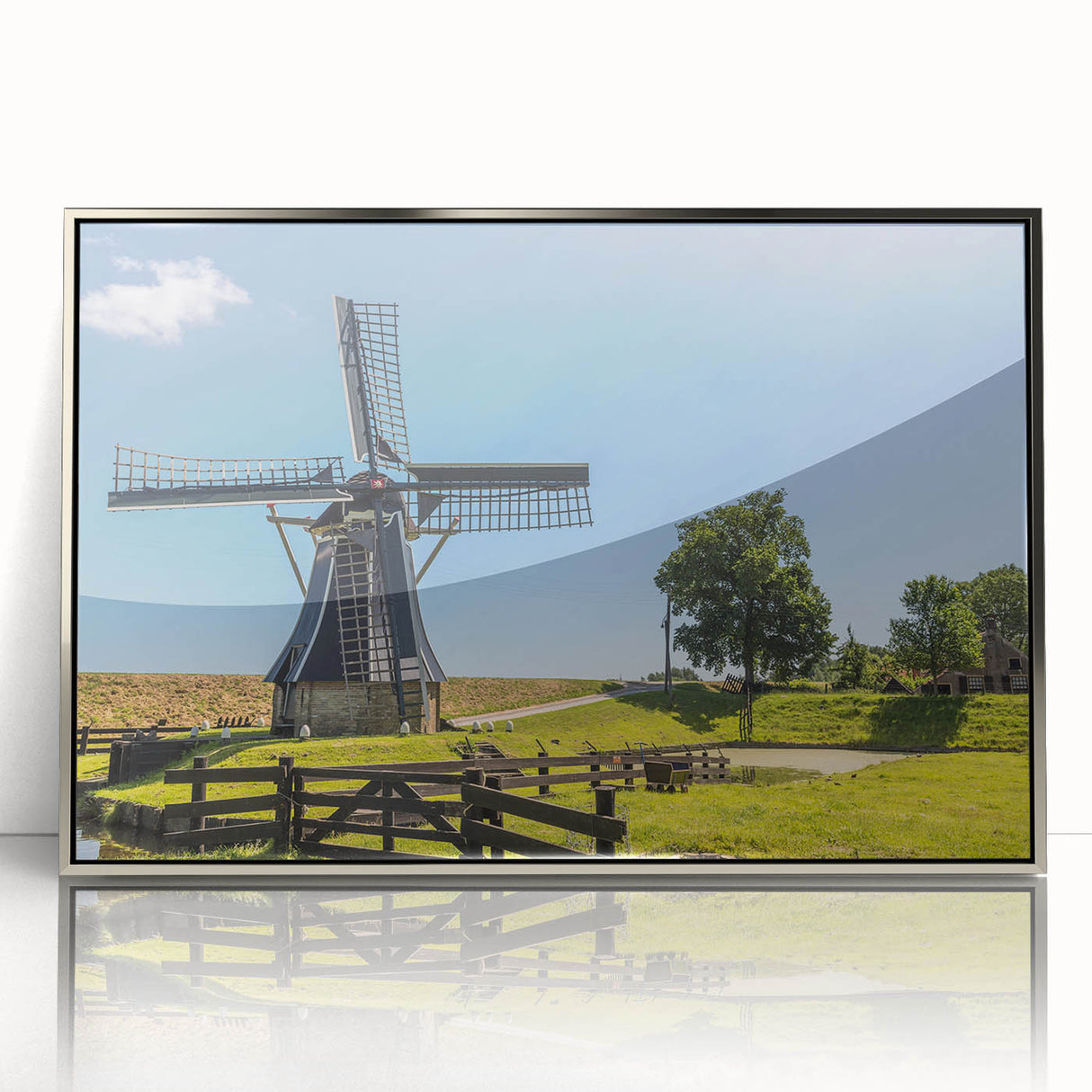 Framed acrylic wall art featuring a serene landscape with windmills against a clear blue sky, showcasing vibrant colors and modern design elements, perfect for home decor.