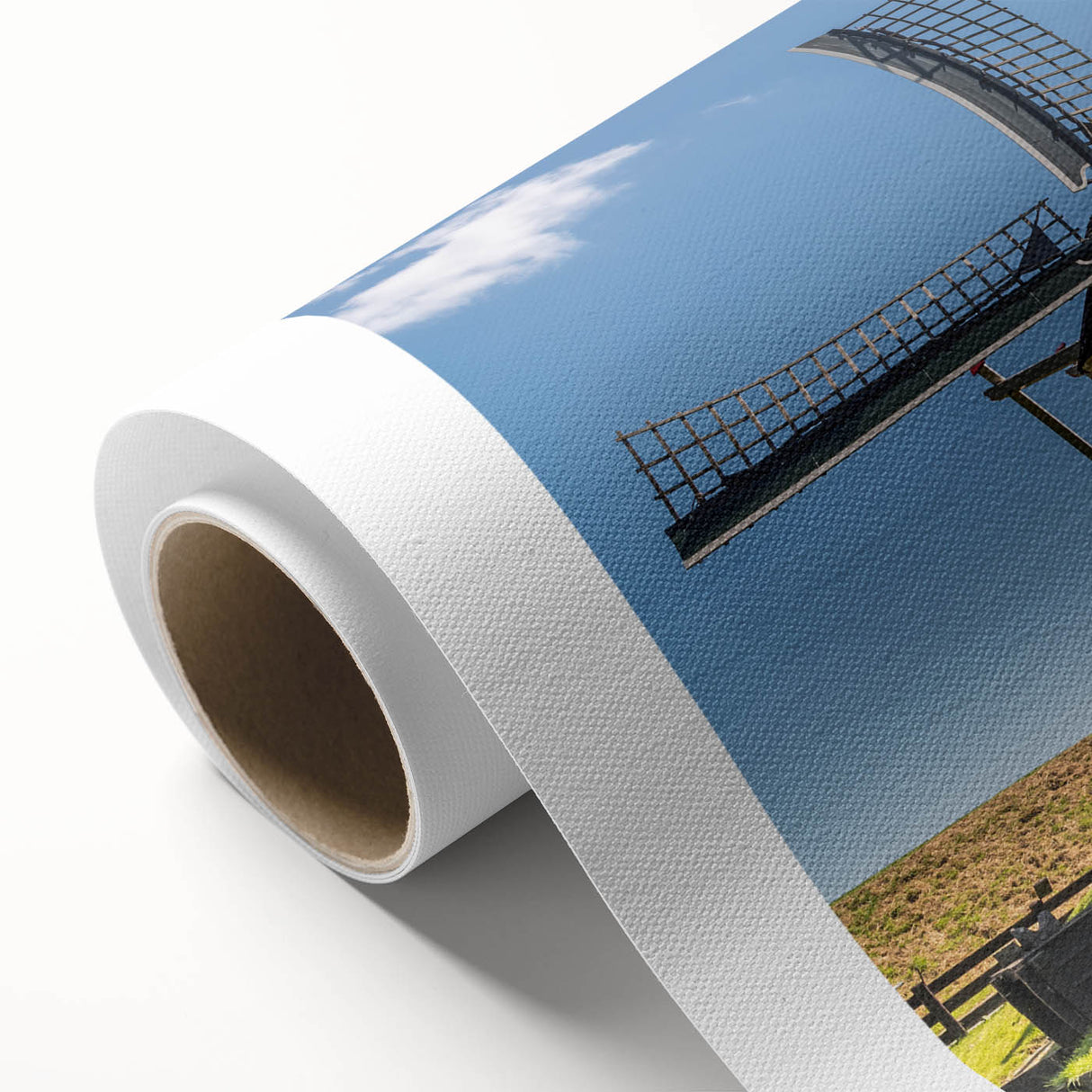 Vibrant rolled canvas showcasing a serene landscape with windmills against a sunset sky, ideal for home decor, emphasizing tranquility and natural beauty. Perfect for art enthusiasts and collectors.