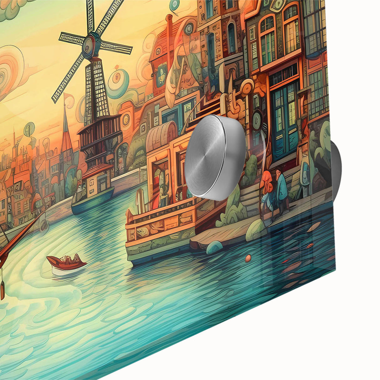 Close-up of a vibrant acrylic glass wall art piece showcasing a serene landscape with windmills, featuring rich colors and intricate details, perfect for home decor.