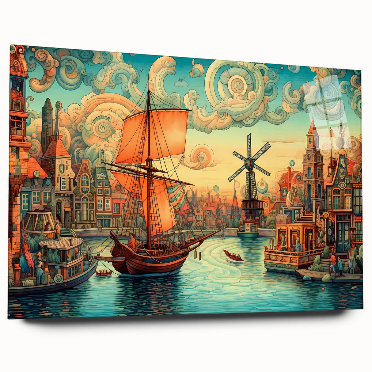 Acrylic glass artwork showcasing a vibrant landscape with windmills, featuring rich colors and intricate details, perfect for home decor or gallery display.