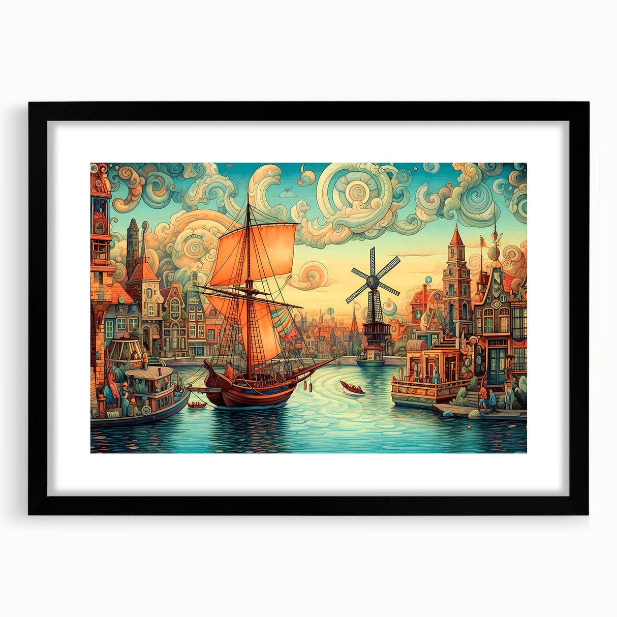 Framed wall art featuring a serene landscape of windmills against a vibrant sky, presented in a sleek black frame with a mat for an elegant touch, ideal for home decor.