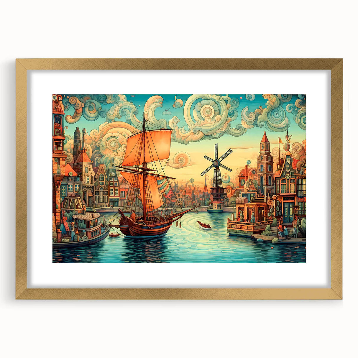 Elegant wall art collection featuring a landscape design with windmills, framed in a gold mat, showcasing a serene countryside scene perfect for home decor.