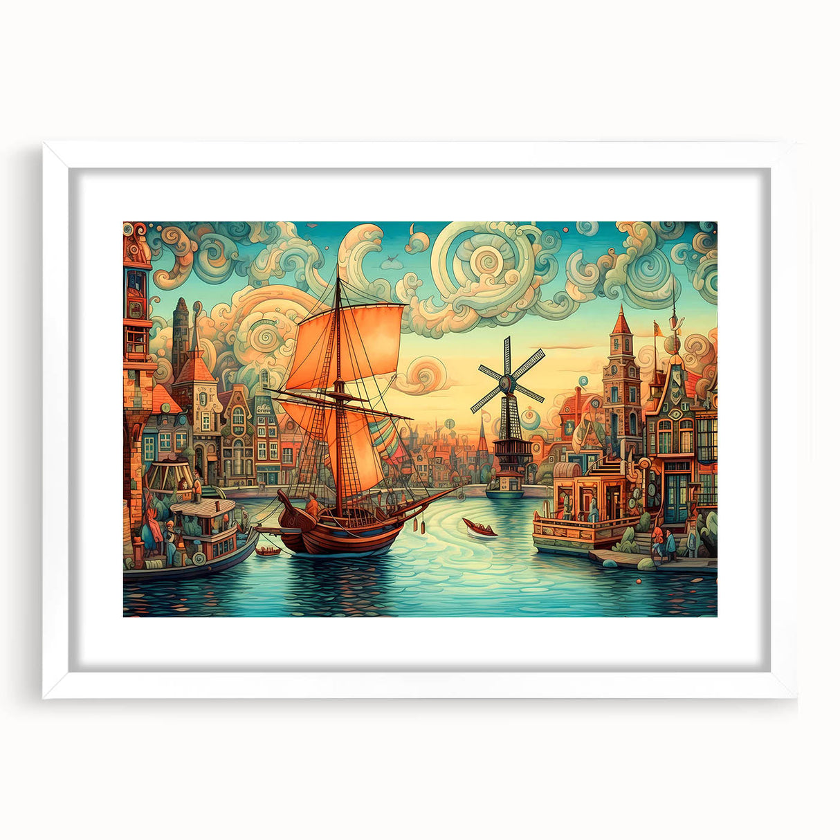 Framed wall art featuring a serene landscape with windmills, set in a white matte frame, ideal for home decor and enhancing interior aesthetics.