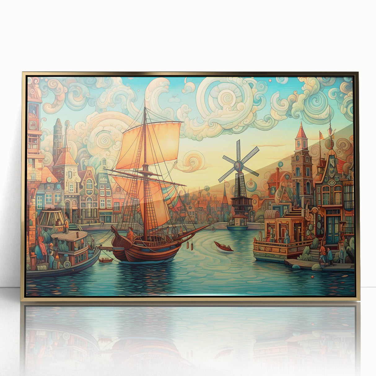 Framed wall art featuring a scenic landscape with windmills, set in a gold-accented frame, showcasing vibrant colors and intricate details, perfect for home decor.