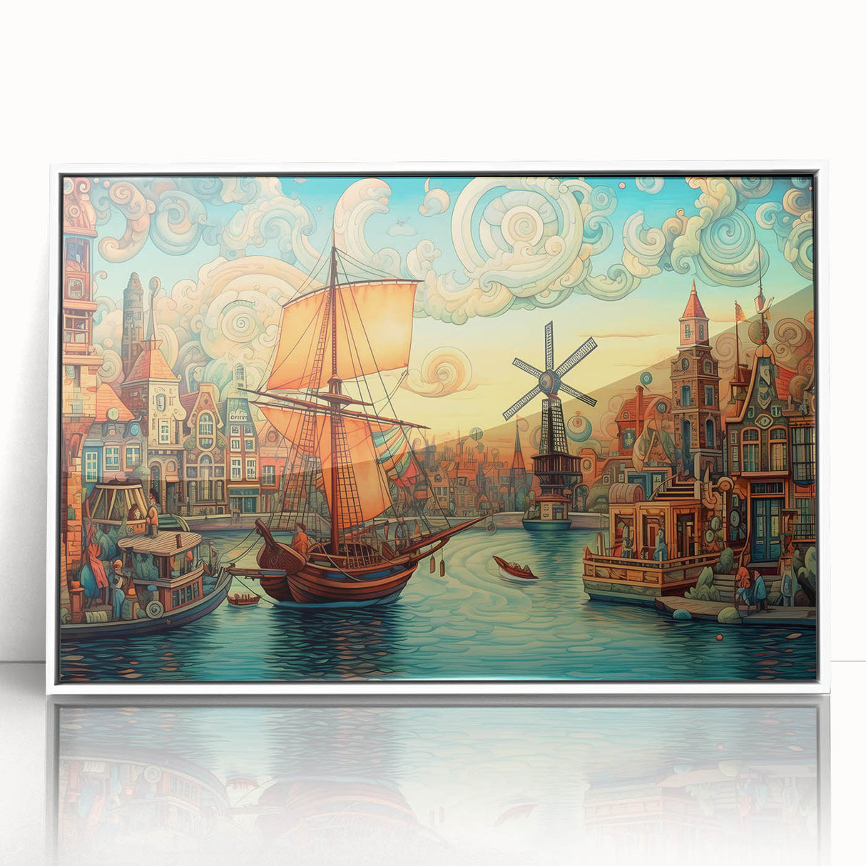 Framed wall art showcasing a serene landscape with windmills, designed with vibrant colors and a sleek white frame, perfect for enhancing home decor.