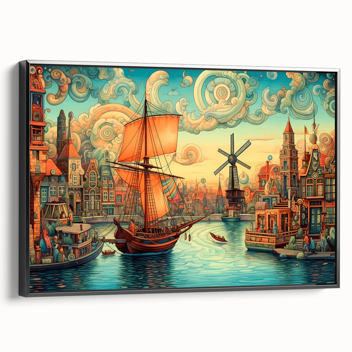 Framed canvas wall art showcasing a serene landscape with windmills, featuring a black frame and side view, perfect for enhancing home décor and adding a touch of tranquility.
