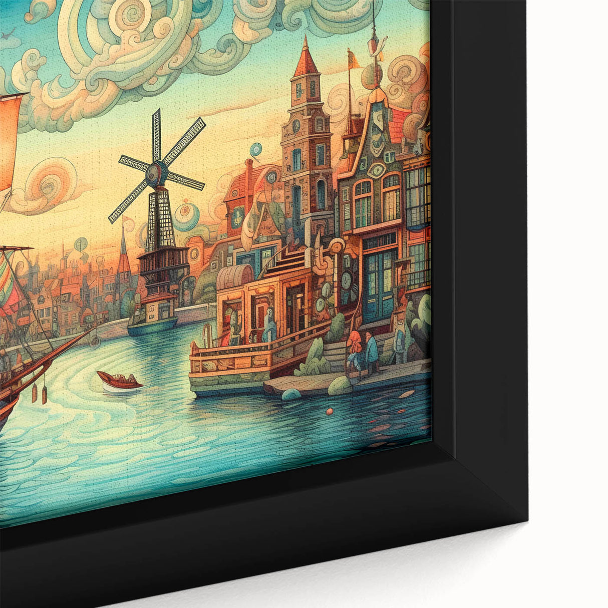 Framed canvas wall art showcasing a vibrant landscape with windmills, featuring rich colors and intricate details, perfect for home decor enhancement.