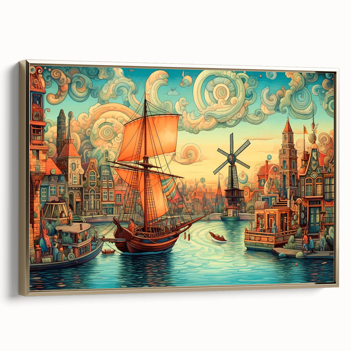 Framed canvas wall art showcasing a landscape with windmills, featuring a gold frame, ideal for home decor. The artwork highlights serene scenery and craftsmanship.