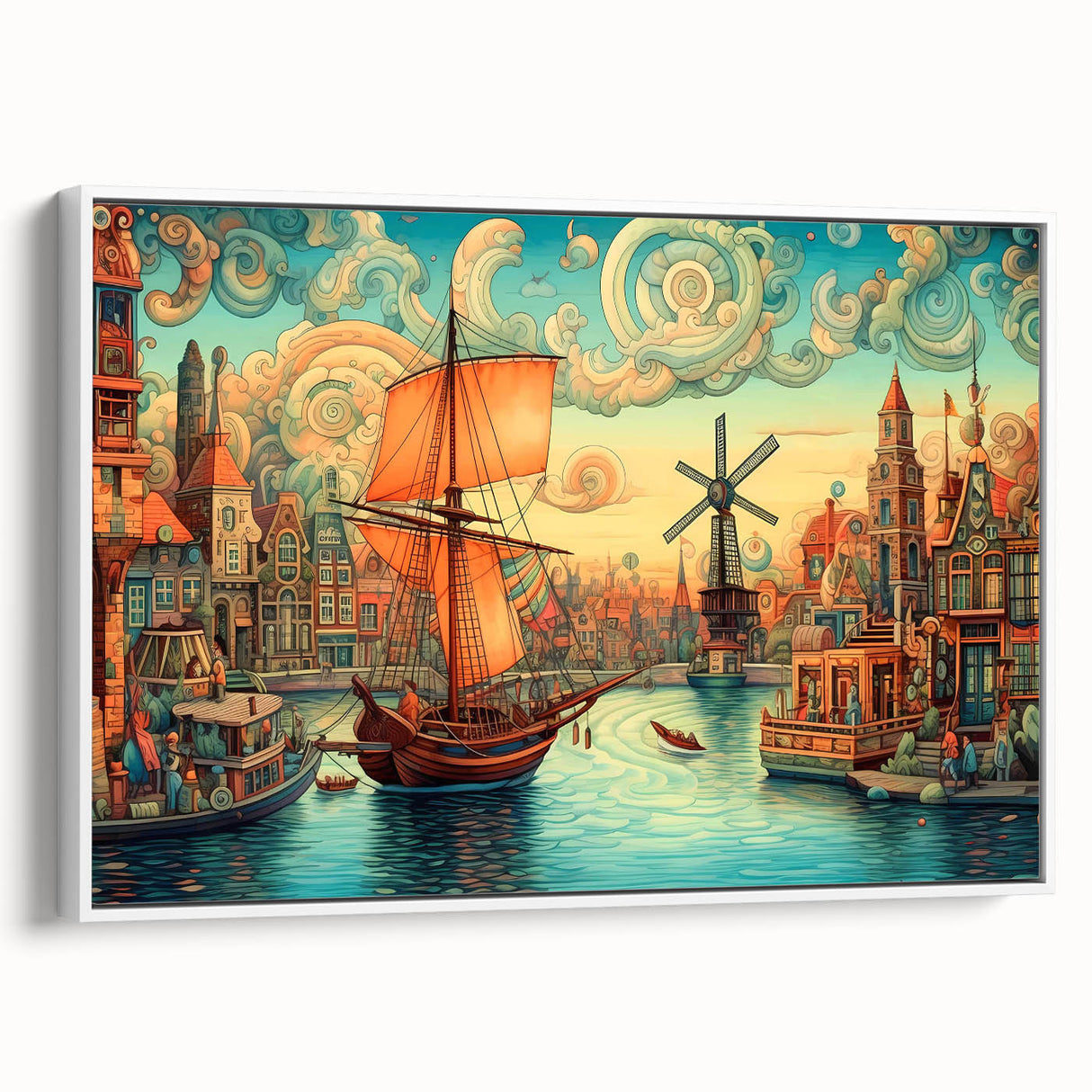 Framed canvas wall art showcasing a serene landscape with windmills against a pastel sky, featuring a white frame that enhances its elegant aesthetic. Perfect for home decor.