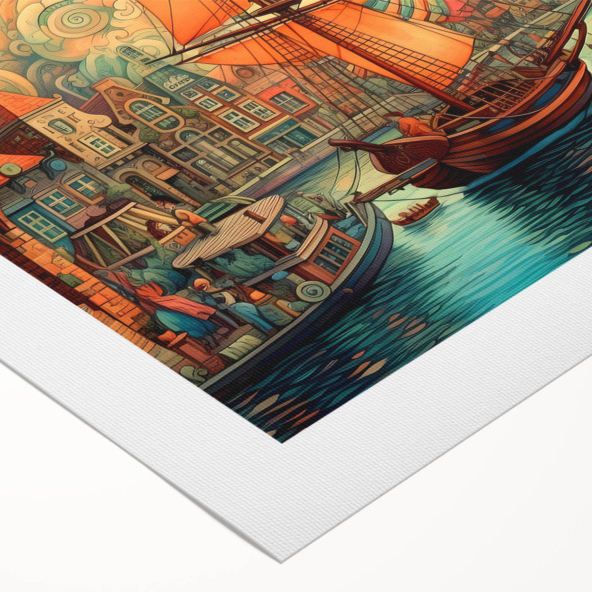 Rolled canvas art showcasing a serene landscape with windmills against a vibrant sunset, ideal for home decor or office spaces. Textured surface enhances visual appeal.