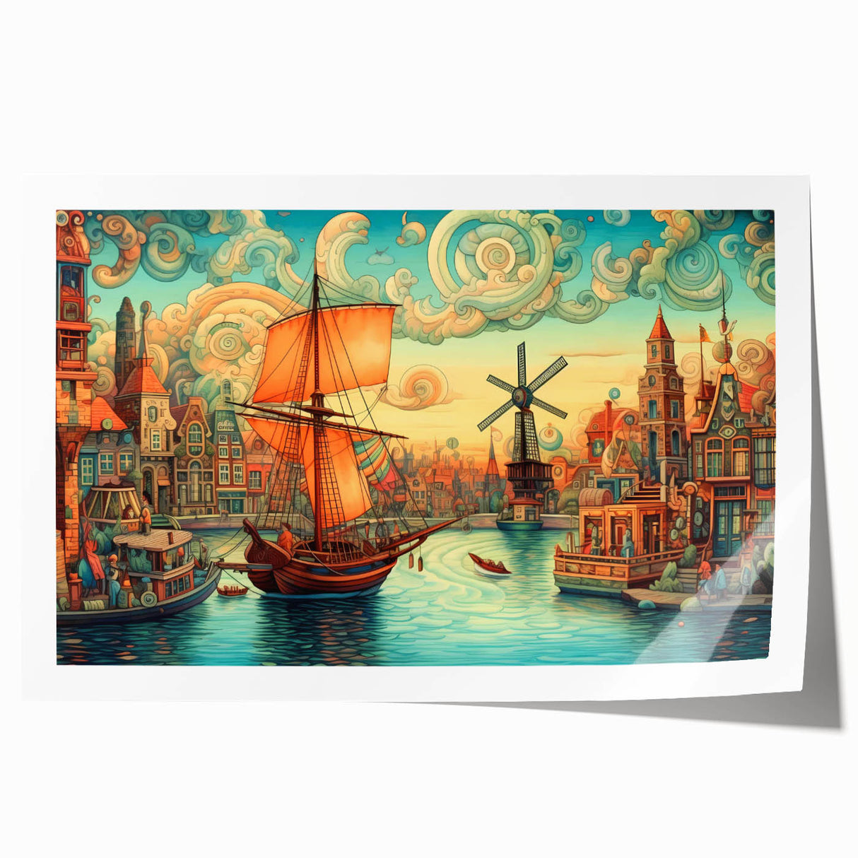 Windmill landscape wall art print showcasing vibrant colors and intricate details, rolled for easy shipping and display, perfect for home decor enthusiasts.