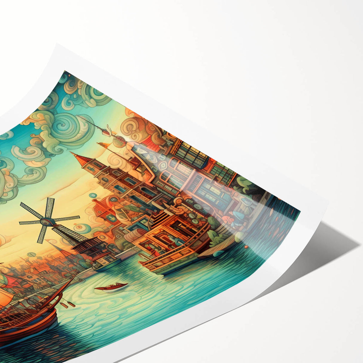 Scenic wall art print showcasing vibrant windmills against a serene landscape, perfect for home decor. Rolled canvas design highlights rich colors and details.