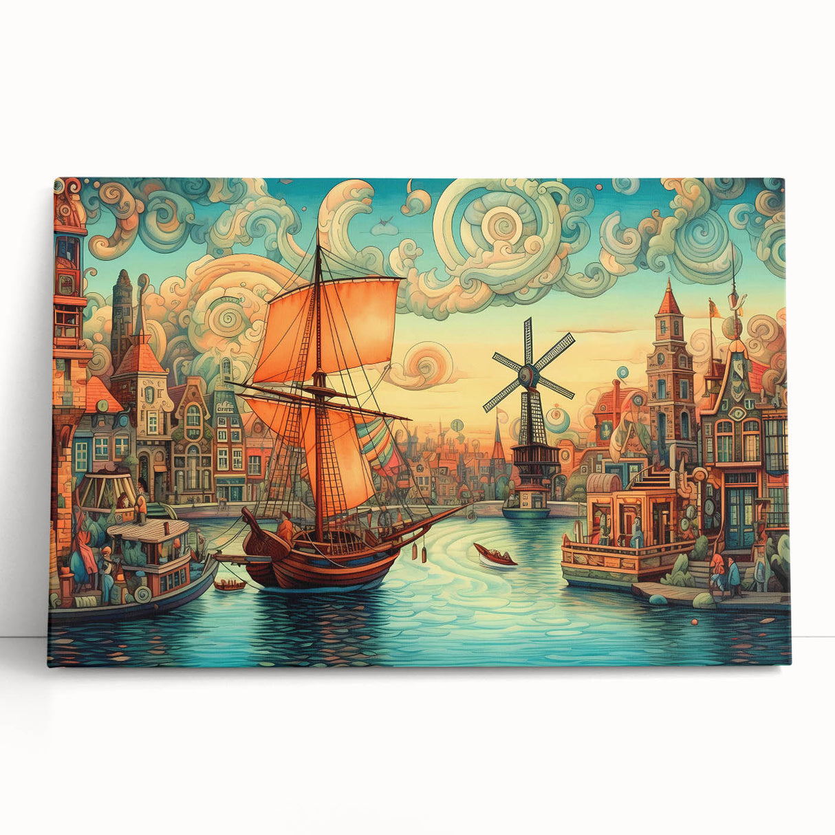 Stretched canvas wall art showcasing a scenic landscape with windmills against a vibrant sky, perfect for home decor, exuding tranquility and charm.