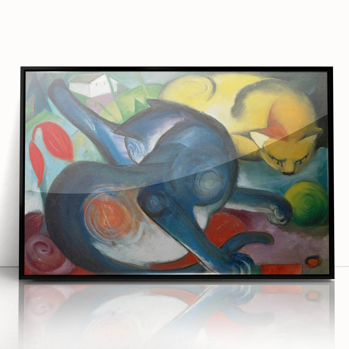 Large abstract wall art depicting vibrant, geometric shapes in a mid-century modernist style, framed in black acrylic.
