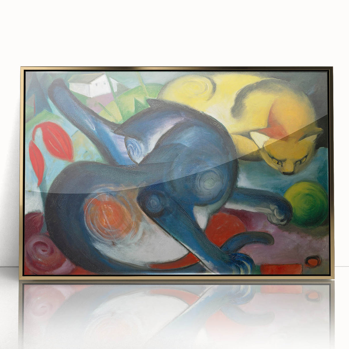 Large art print of a mid-century modernist Franz Marc design in vibrant colors on framed acrylic.