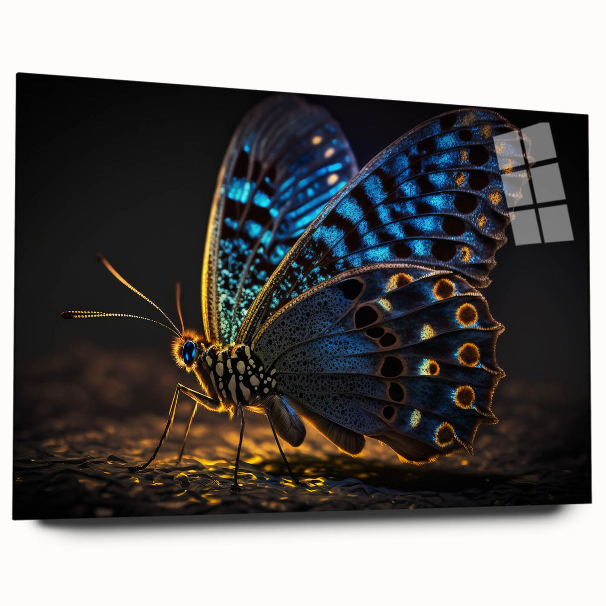 Large abstract wall art featuring a close-up of a bird in vibrant blues and greens on acrylic glass.