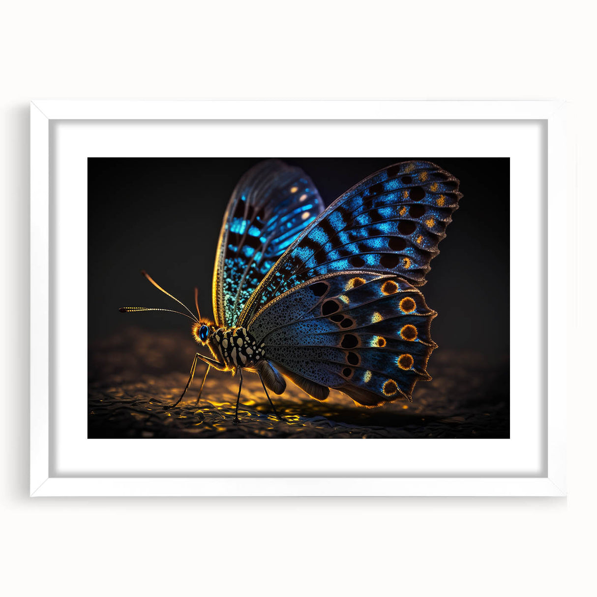 Abstract art print of birds in muted earth tones on a white framed canvas, suitable for dining room or bedroom decor.