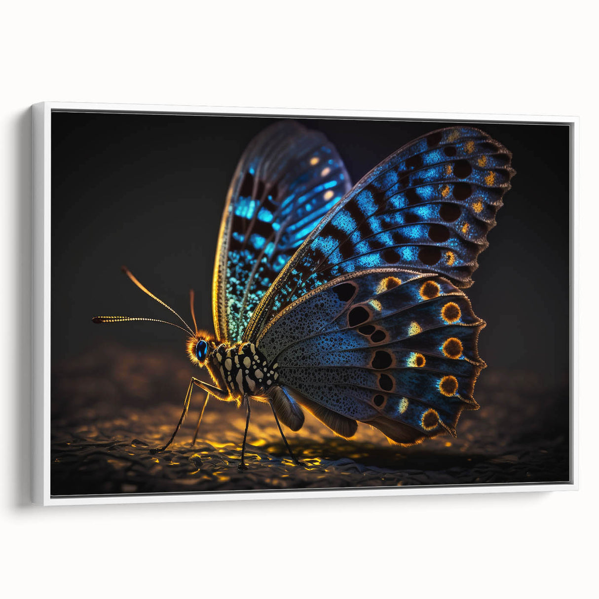 Vintage poster art of colorful birds on a black background, framed canvas, ideal for living room decor.