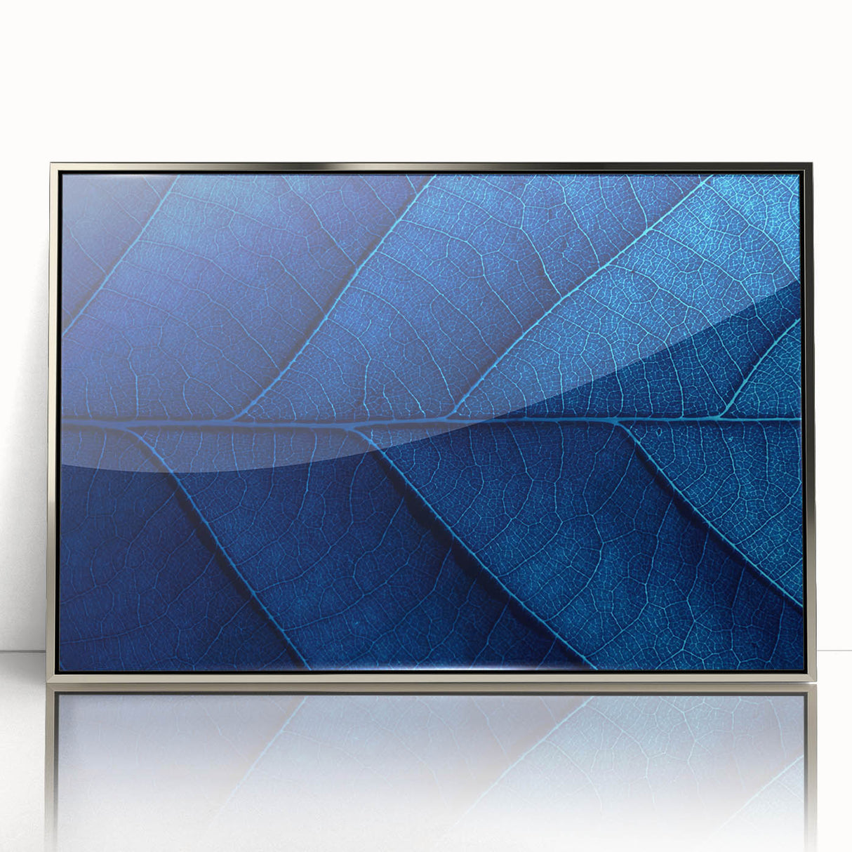 Mid-century modernist art featuring a close-up floral design in vibrant colors on a silver-framed acrylic print.