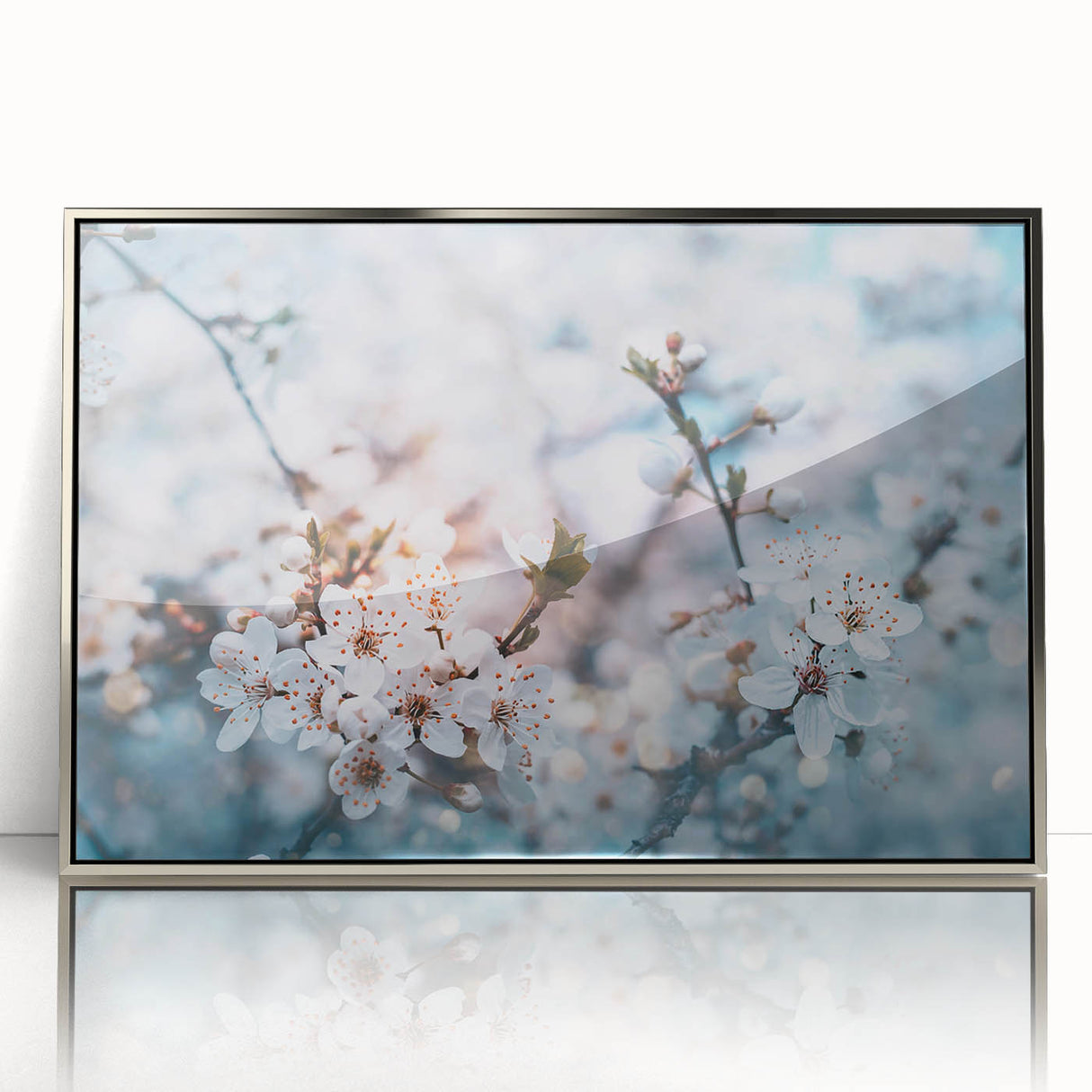 Mid-century modernist floral acrylic print in soft pastel colors, framed in silver, suitable for nursery wall art.