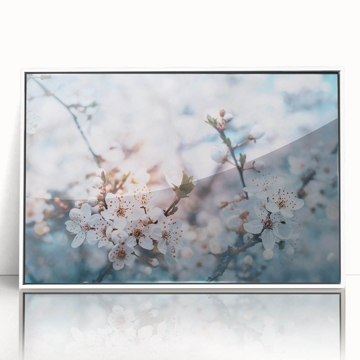 Art deco poster featuring close-up floral design in pastel shades, framed in white acrylic, suitable for nursery wall art.