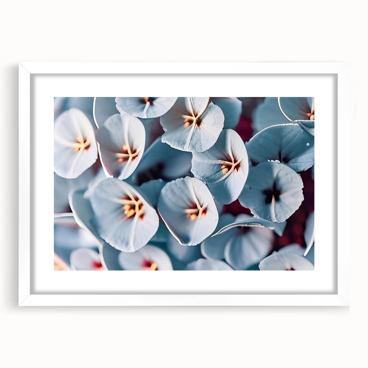Abstract art print featuring a close-up of floral designs in soft pink and white tones, framed with a white mat.