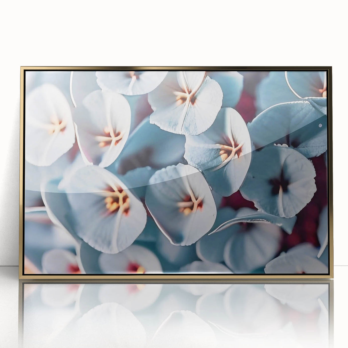 Large art print of close-up floral design in gold frame, featuring muted earth tones, ideal for nursery wall art.