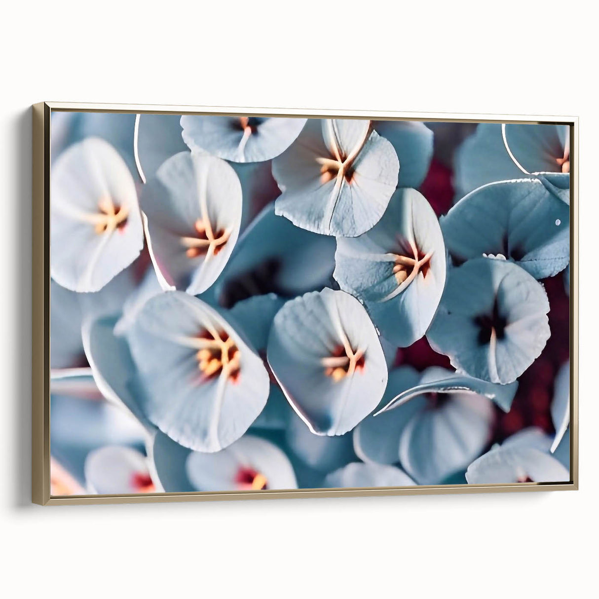 Framed canvas featuring a close-up floral design in muted gold tones, ideal for bedroom wall art.