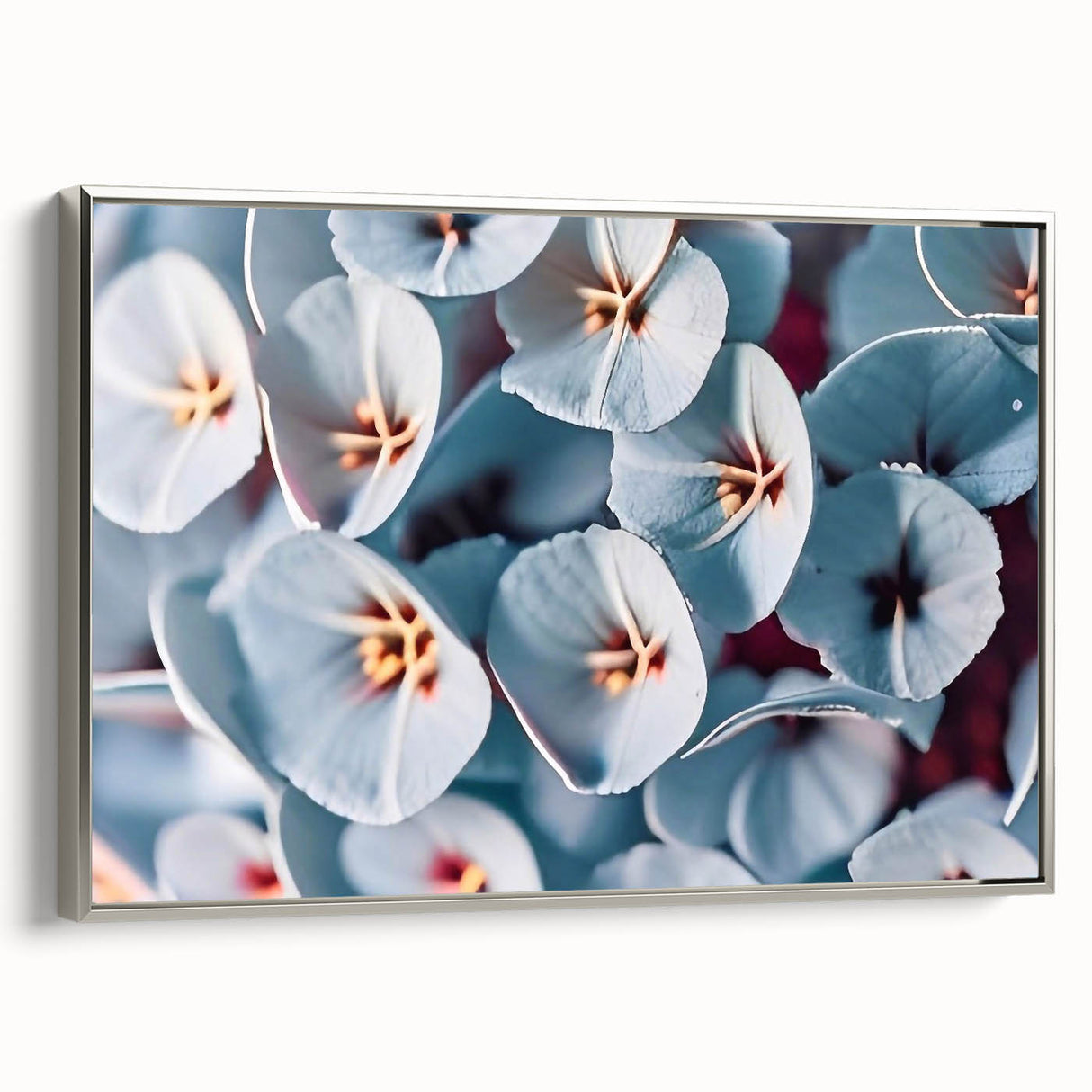 Landscape art painting of colorful florals on a black background, framed in silver, ideal for living room decor.