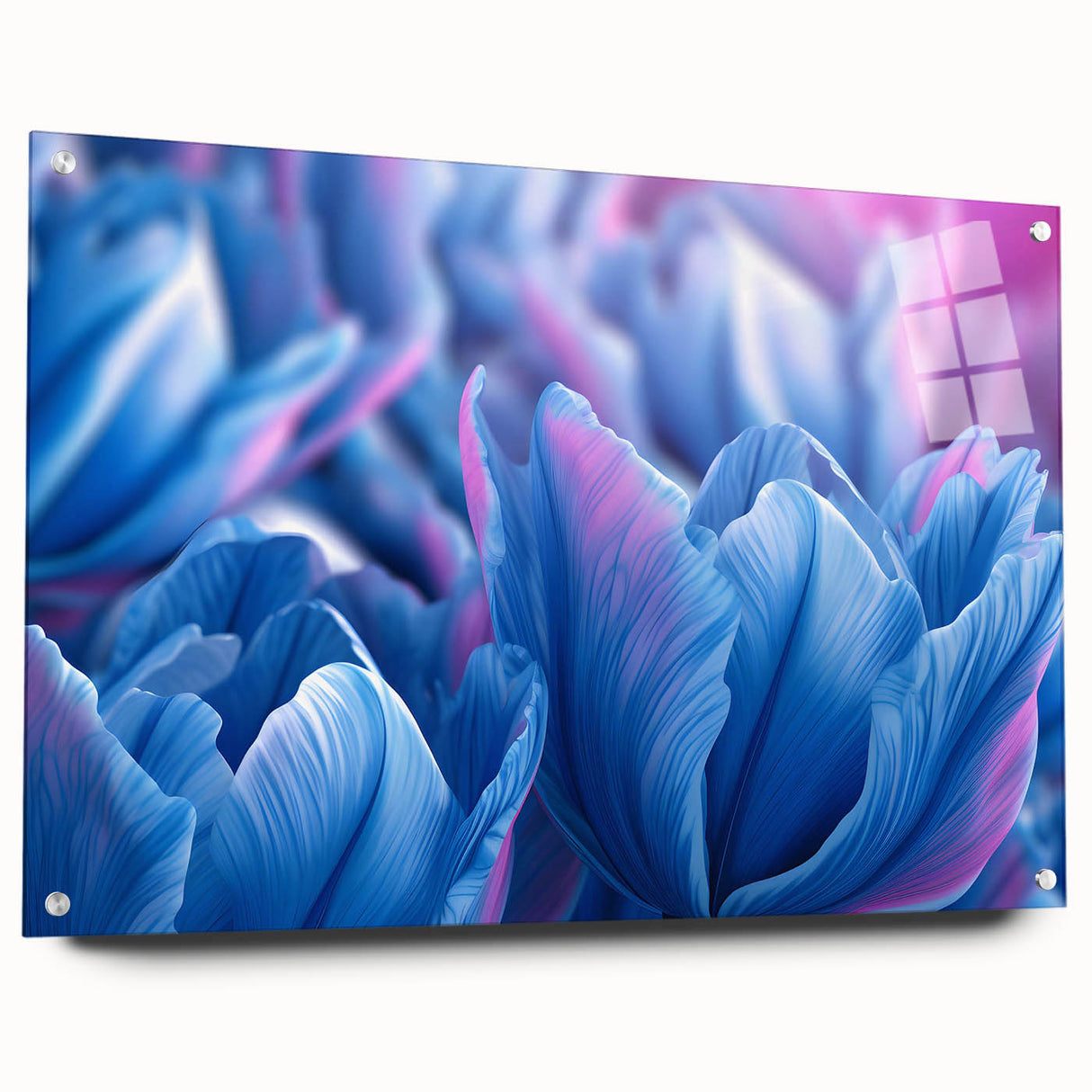 Acrylic print of large abstract floral design in vibrant colors, ideal for bedroom or dining room decor.