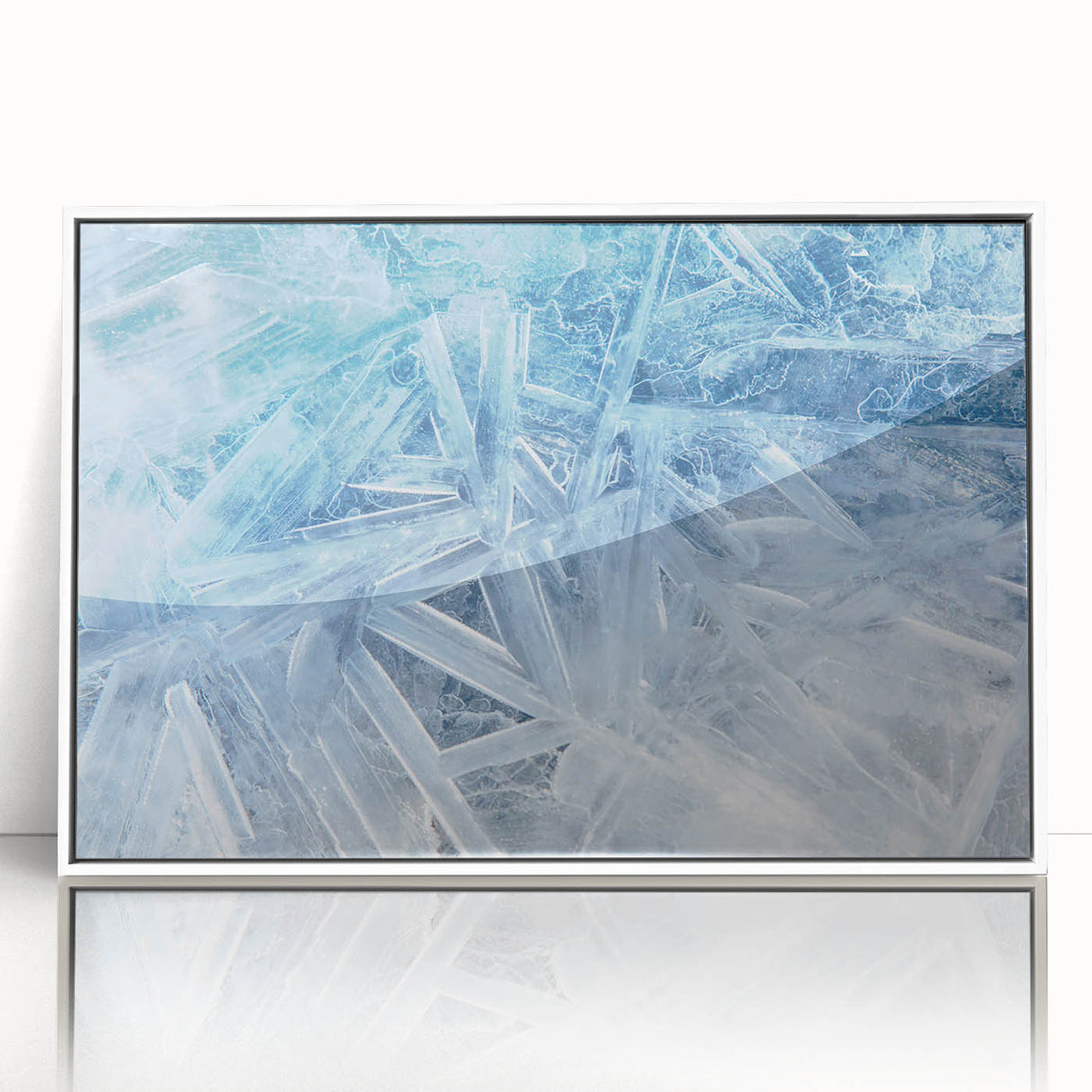 Framed acrylic print of a close-up frost design in muted gray tones.