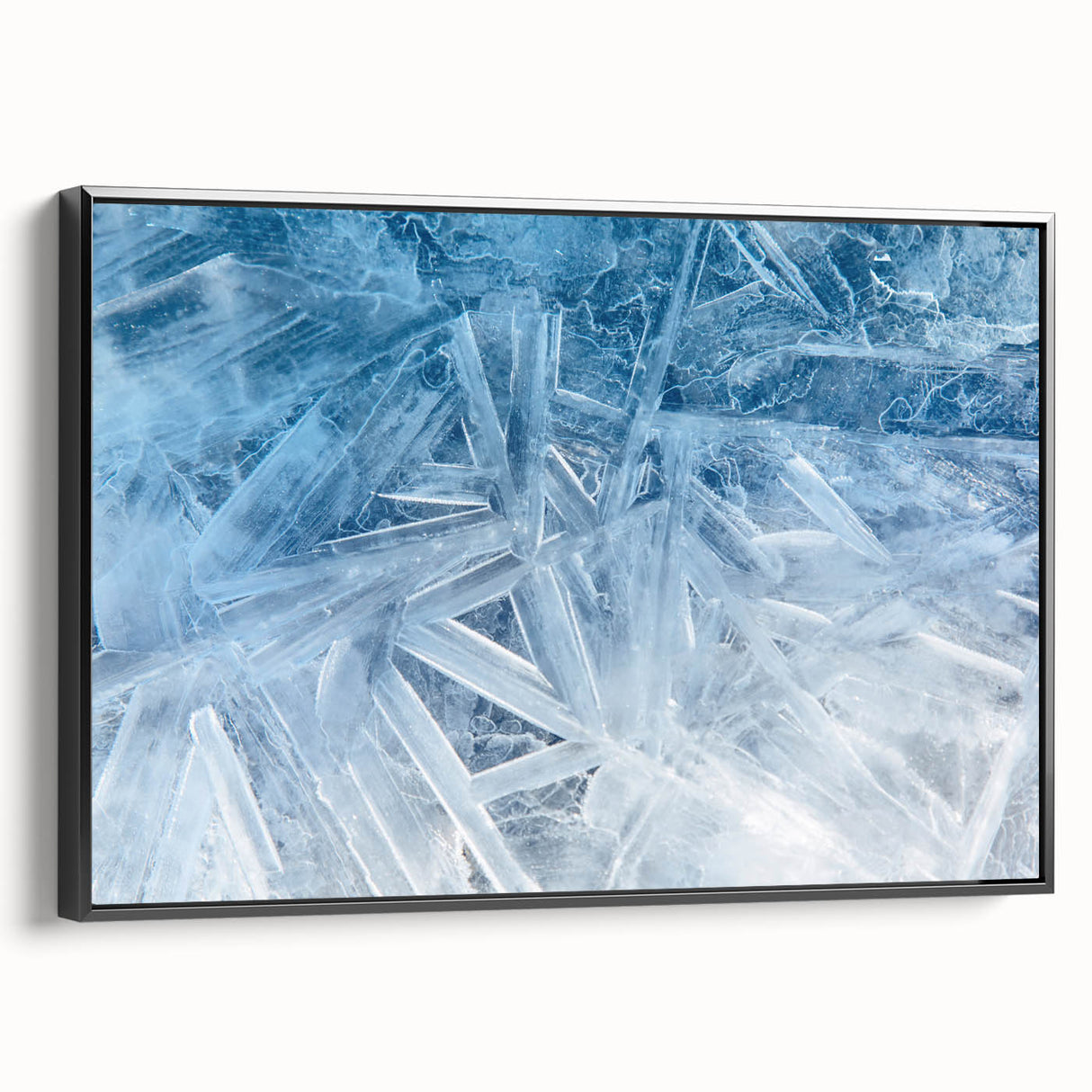 Black and white wall art featuring a close-up of frost patterns on ice, framed canvas, suitable for bedroom ambiance.