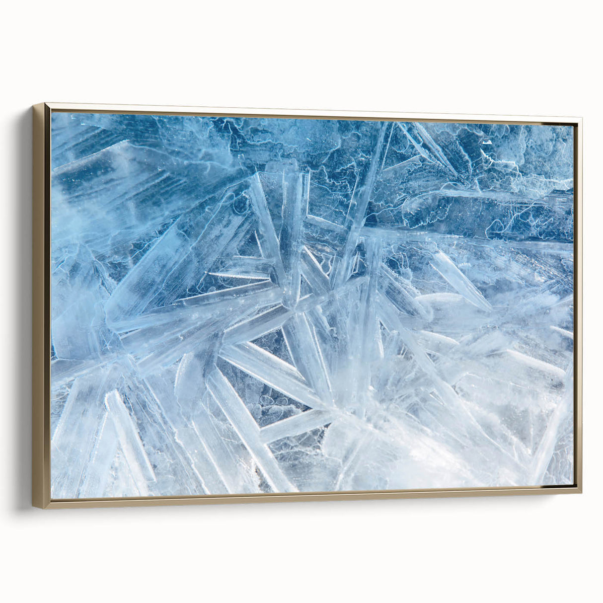 Framed canvas landscape art painting featuring a close-up of frost patterns in gold and black tones.