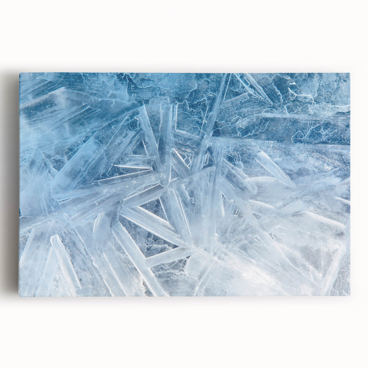 Close-up of frost patterns in black and white on stretched canvas, ideal for kitchen wall art.