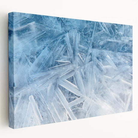 Close-up of frost pattern on canvas, featuring a monochrome blue palette, ideal for kitchen wall art.