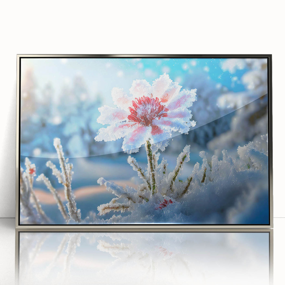 Framed acrylic print of a close-up ice frost design in silver, ideal for modern art wall decor in a nursery.