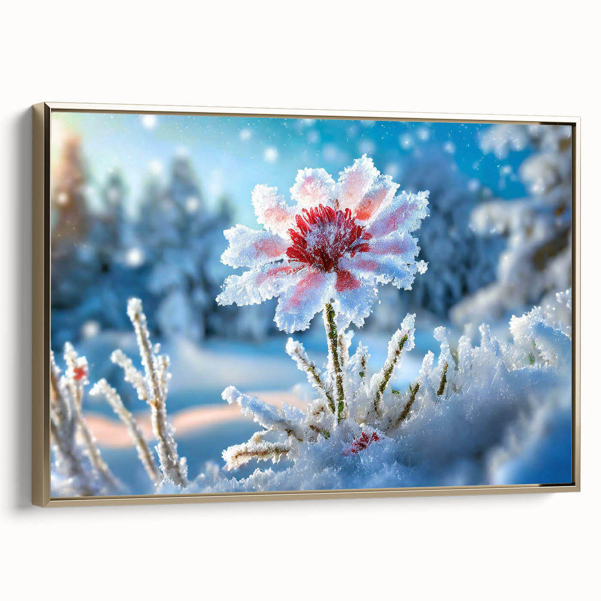 Framed canvas featuring a close-up of ice with frost, utilizing a palette of muted grays and blues.