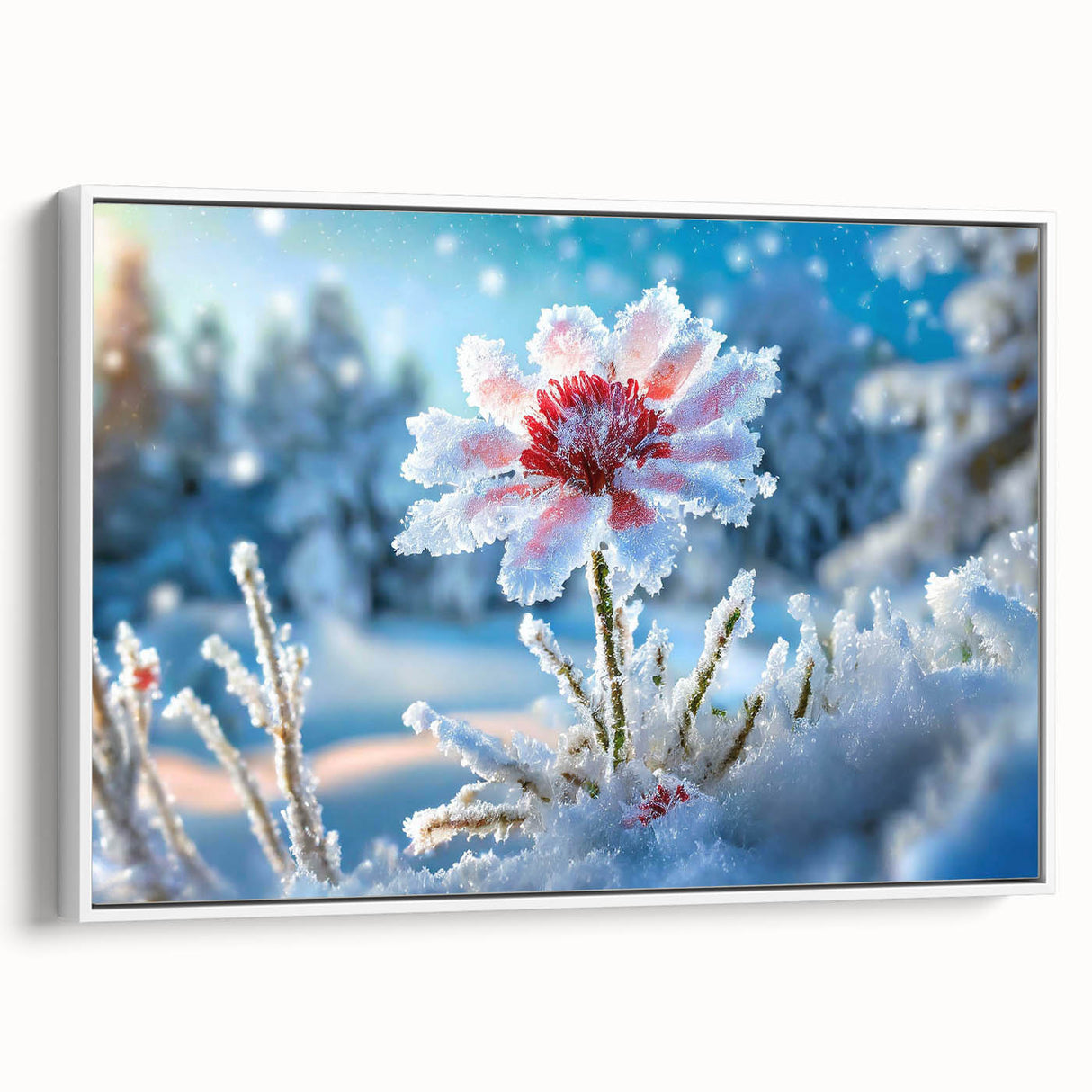 Framed canvas featuring a close-up of frost patterns in muted gray tones, ideal for bedroom wall decor.