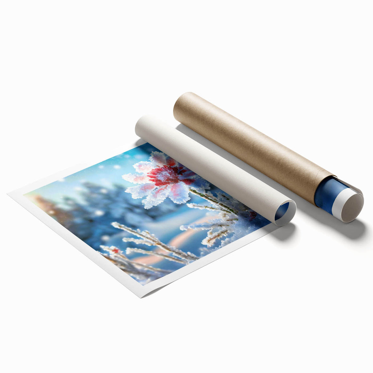 Close-up of frost patterns on a window, in muted blue and white tones, on a rolled print, suitable for bathroom decor.