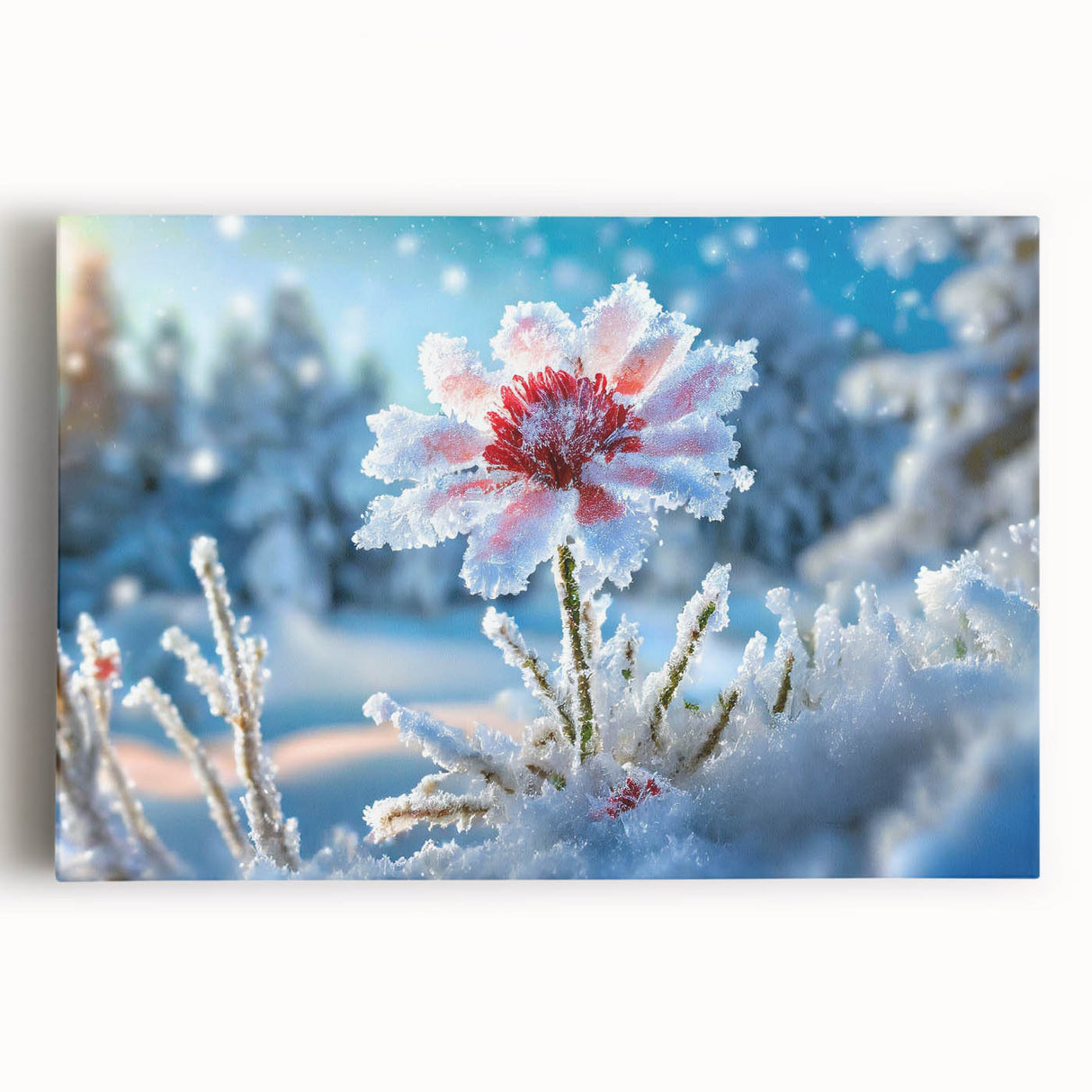 Black and white close-up of frost patterns on ice, printed on large stretched canvas, ideal for kitchen wall art.