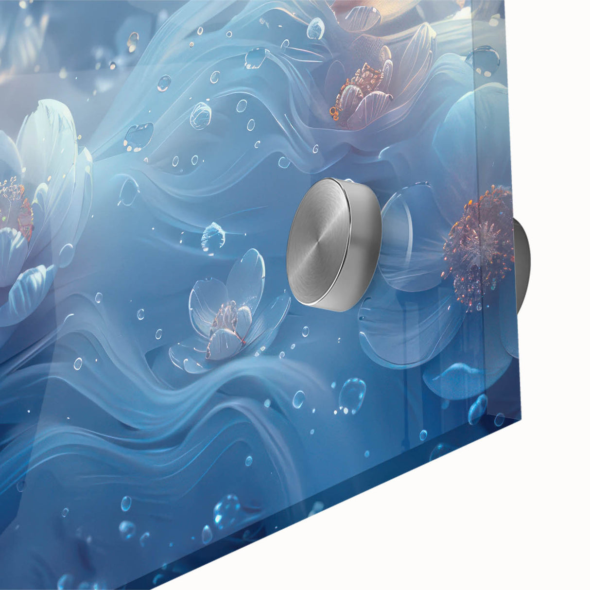 Close-up of frost pattern in muted gray and blue tones on acrylic glass.