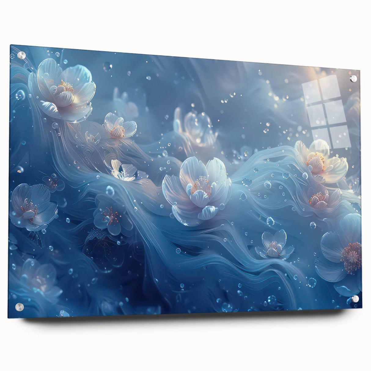 Close-up image of frost patterns on acrylic glass, in cool blue and white tones, suitable for bedroom or dining room decor.