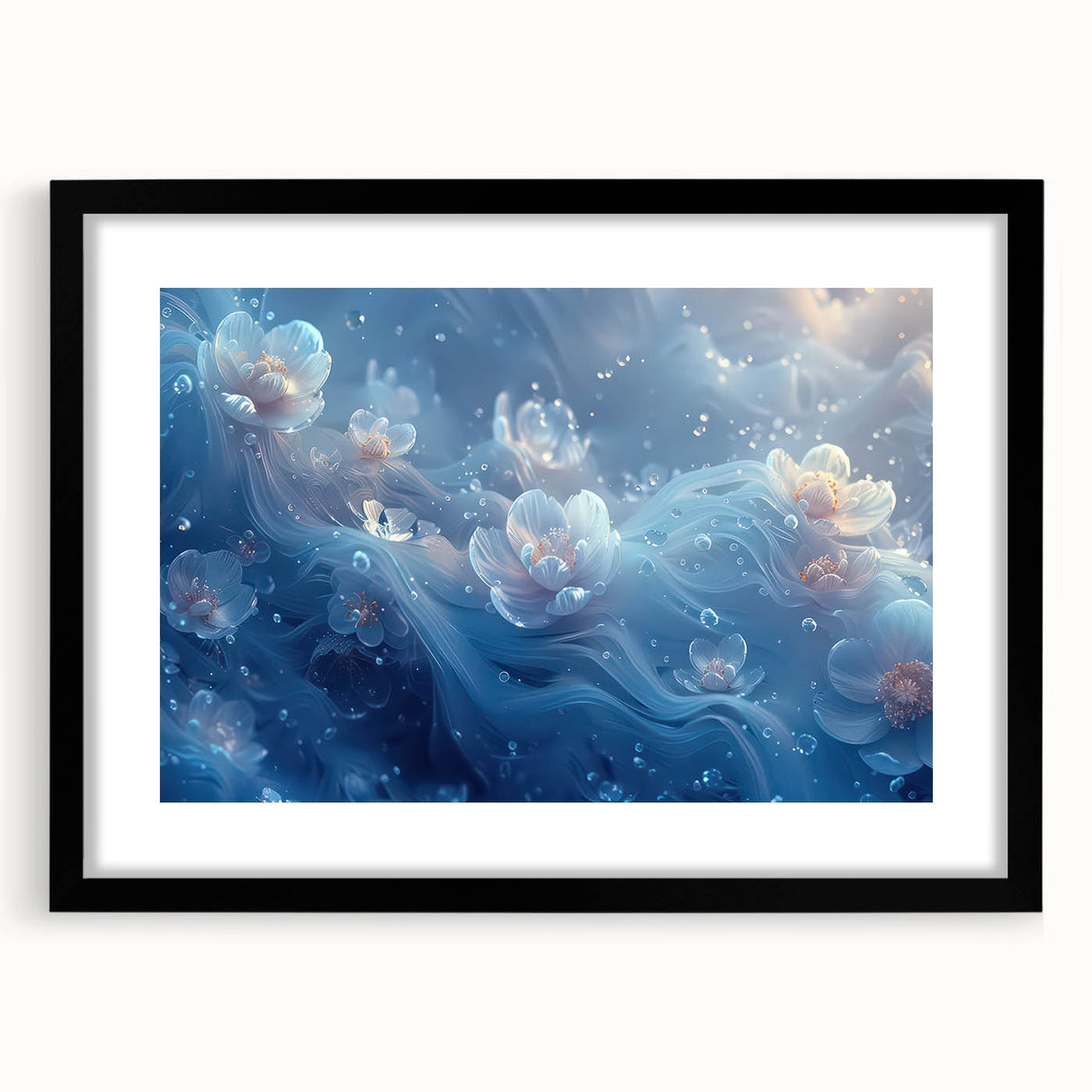 Abstract art print featuring a textured frost design in colorful hues on a large black-framed canvas.