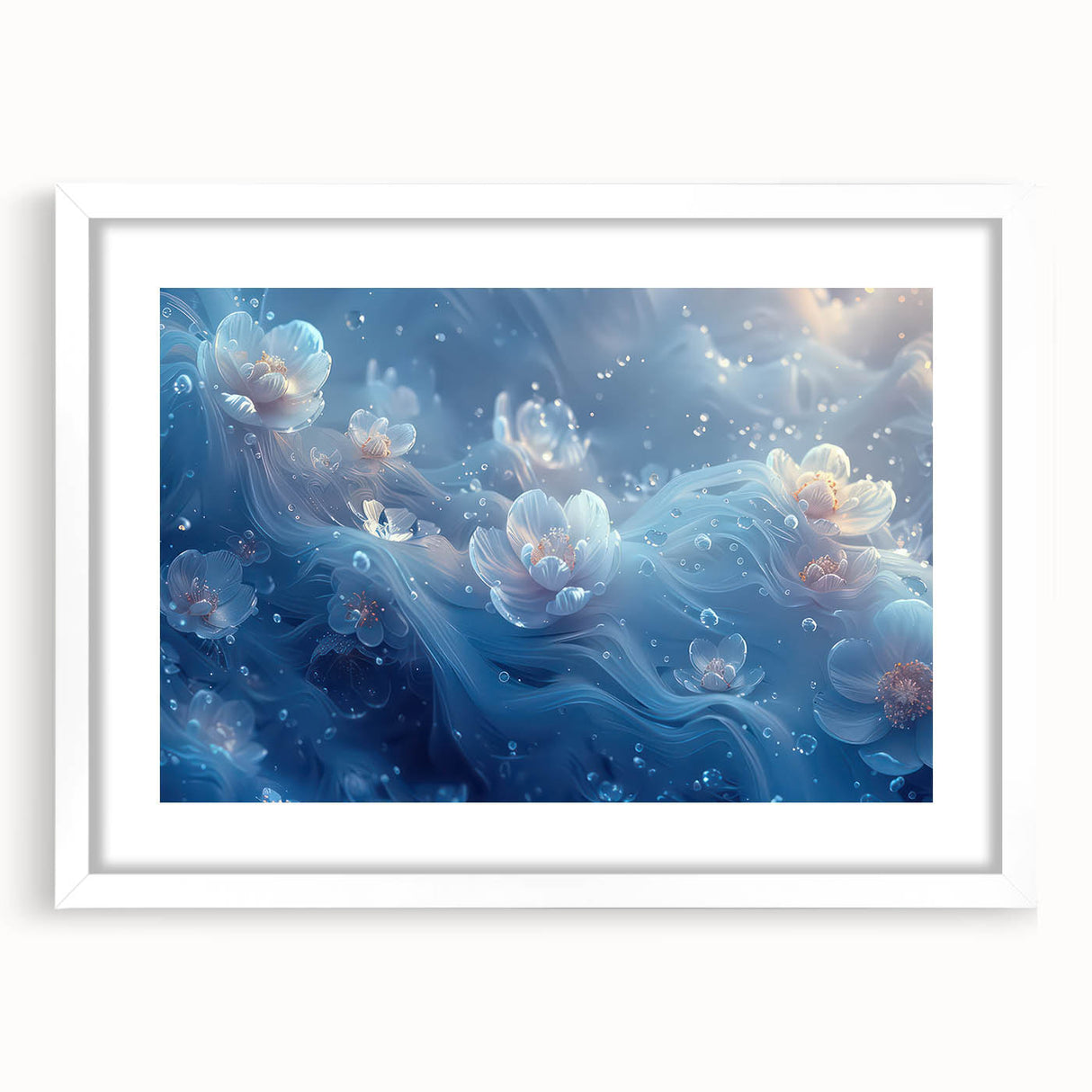 Extra large abstract art print featuring a frost-like textured design in white and gray tones, framed with a white mat.