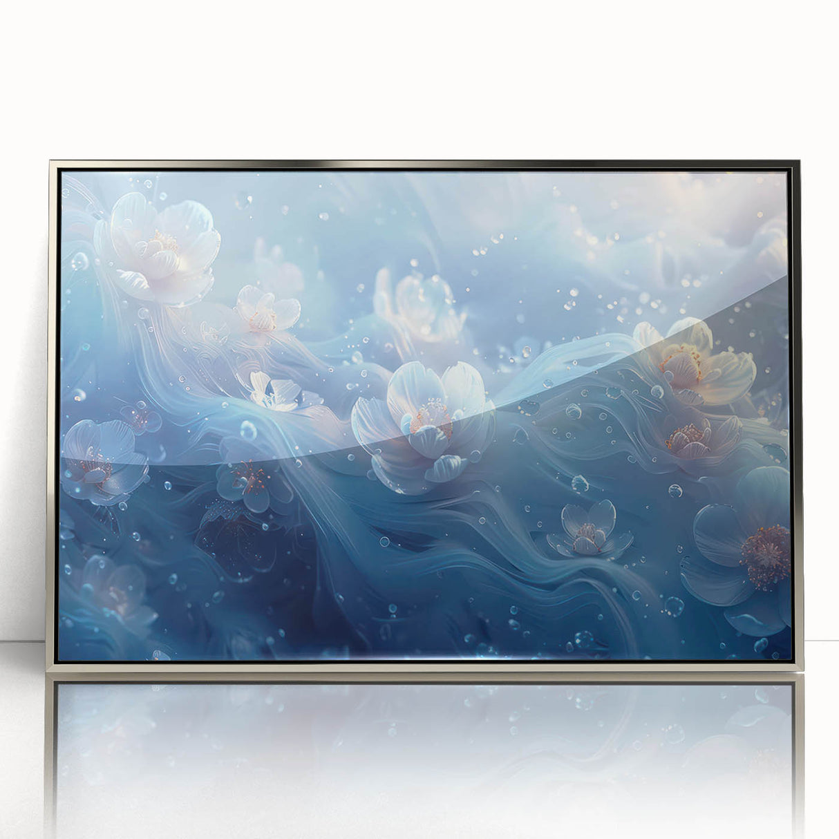 Art deco poster featuring a close-up of frost patterns in silver and blue tones, framed in acrylic.